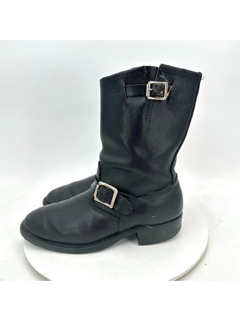 Texas Steer Men Size 8 Black Leather Double Buckle Pull On Biker Boot